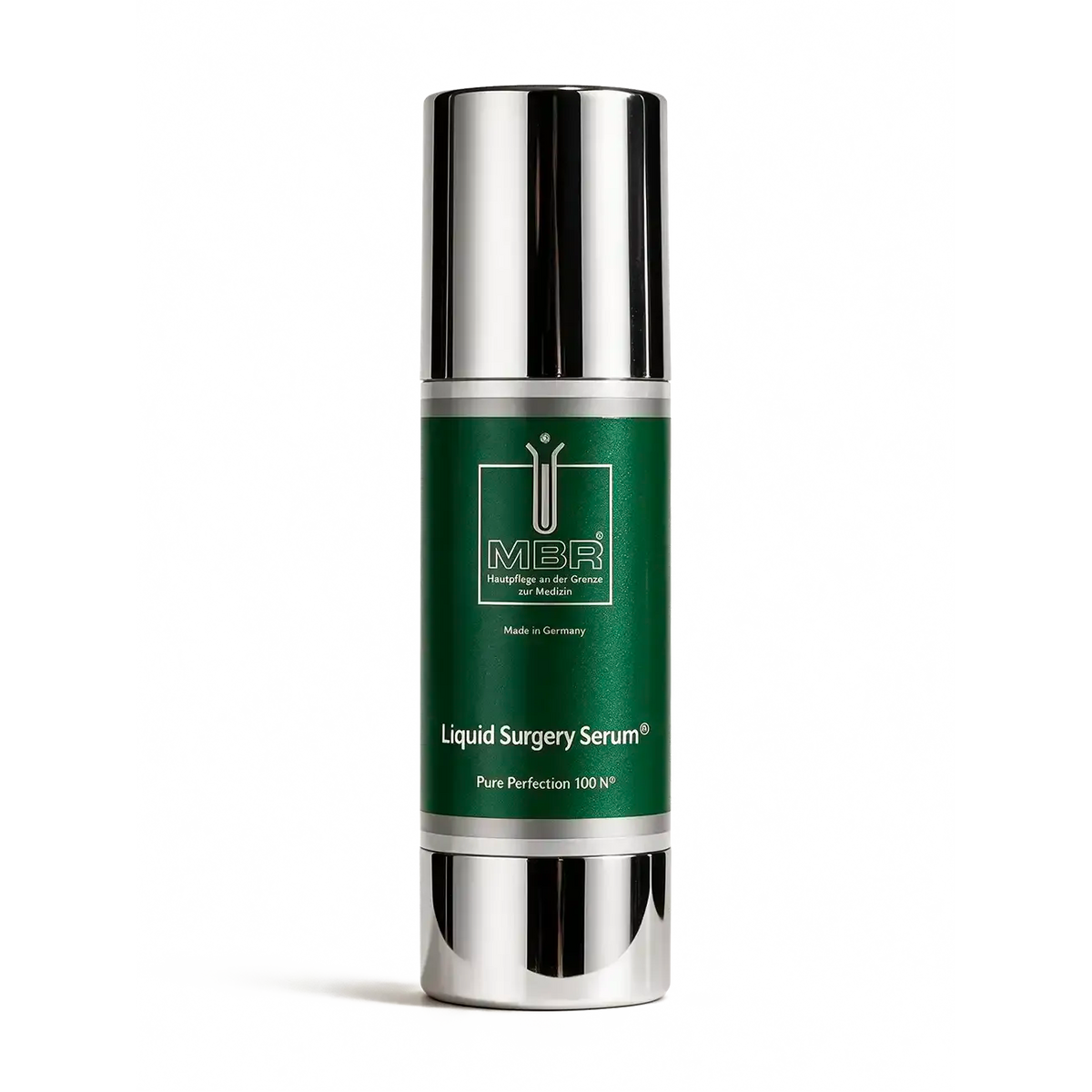 Green Liquid Surgery Serum from MBR serum bottle with silver cap on a white background