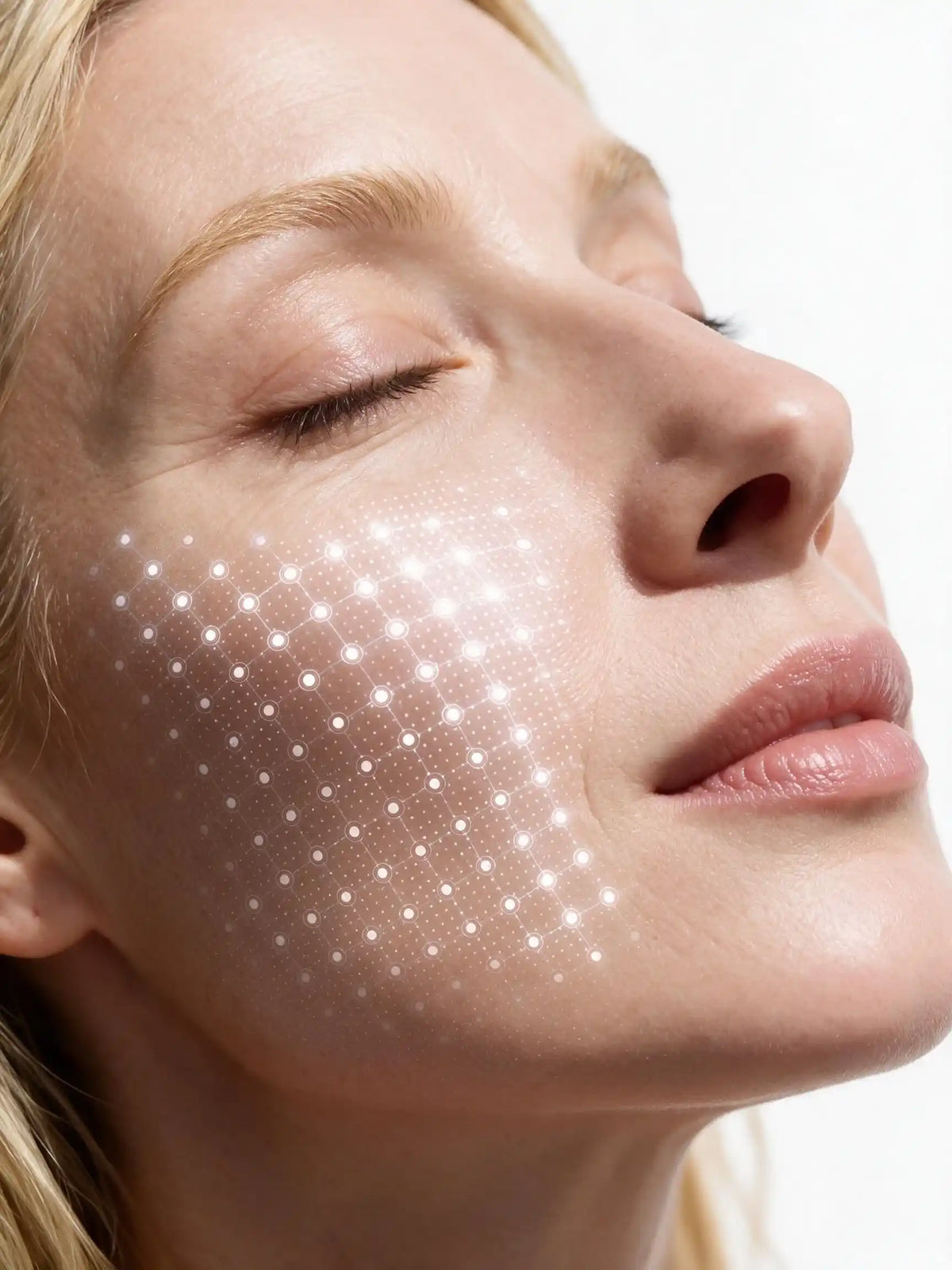 Close-up of a woman's face with closed eyes and a grid of glowing white dots overlaid on her cheek against a bright white background.