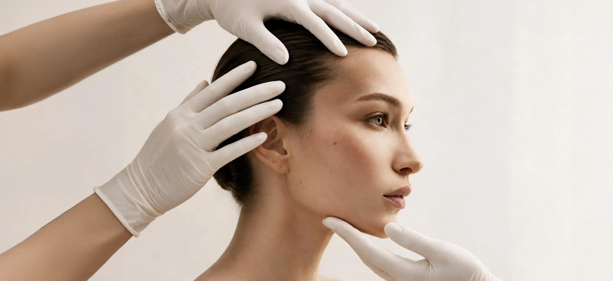 A close-up of a woman in profile with gloved hands gently touching her hair and face, set against a soft light background. [AI]