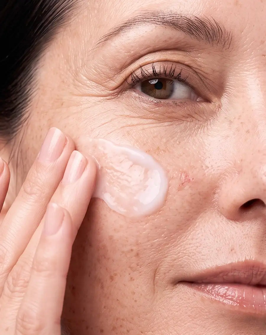 Close-up of a woman applying a dollop of white facial cream to her cheek with her finger. [AI]