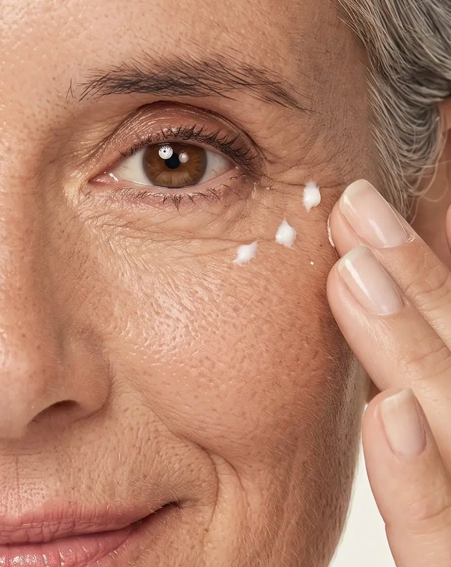 Close-up of an older woman's face with a hand applying white cream under her eye. [AI]