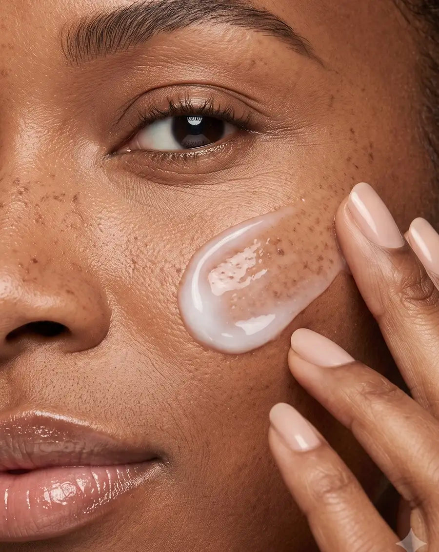 Close-up of a person's face with a dollop of translucent white cream being spread onto their cheek by a hand with pale pink manicured nails. [AI]