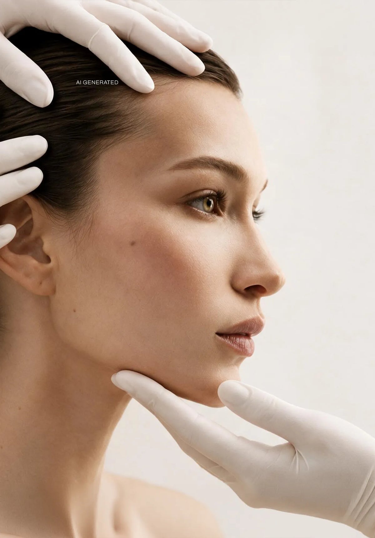 Close-up of a woman's face with a syringe held near her cheek by a gloved hand, against a clean light gray background. [AI]