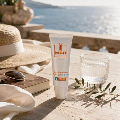 A white tube of MBR High Protection Eye & Lip SPF 50 sunscreen stands on a sunlit stone table outdoors, with a glass of water, sunglasses, a woven hat, a book, and a green sprig nearby. The sea and sky are visible in the background.