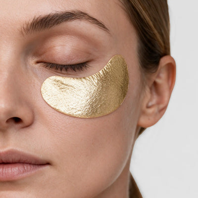 Close-up of a woman's face with a metallic gold eye patch applied under her closed eye, shown against a clean light gray background. [AI]