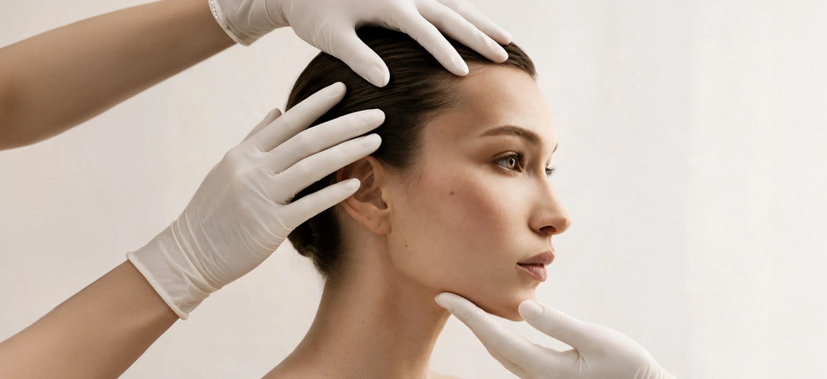 A close-up of a woman in profile with gloved hands gently touching her hair and face, set against a soft light background. [AI]