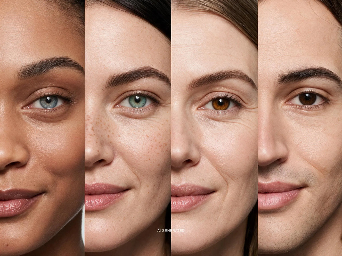 Four vertical close-up panels of a woman's face showing different skin tones and textures, likely demonstrating skincare or makeup results. [AI]